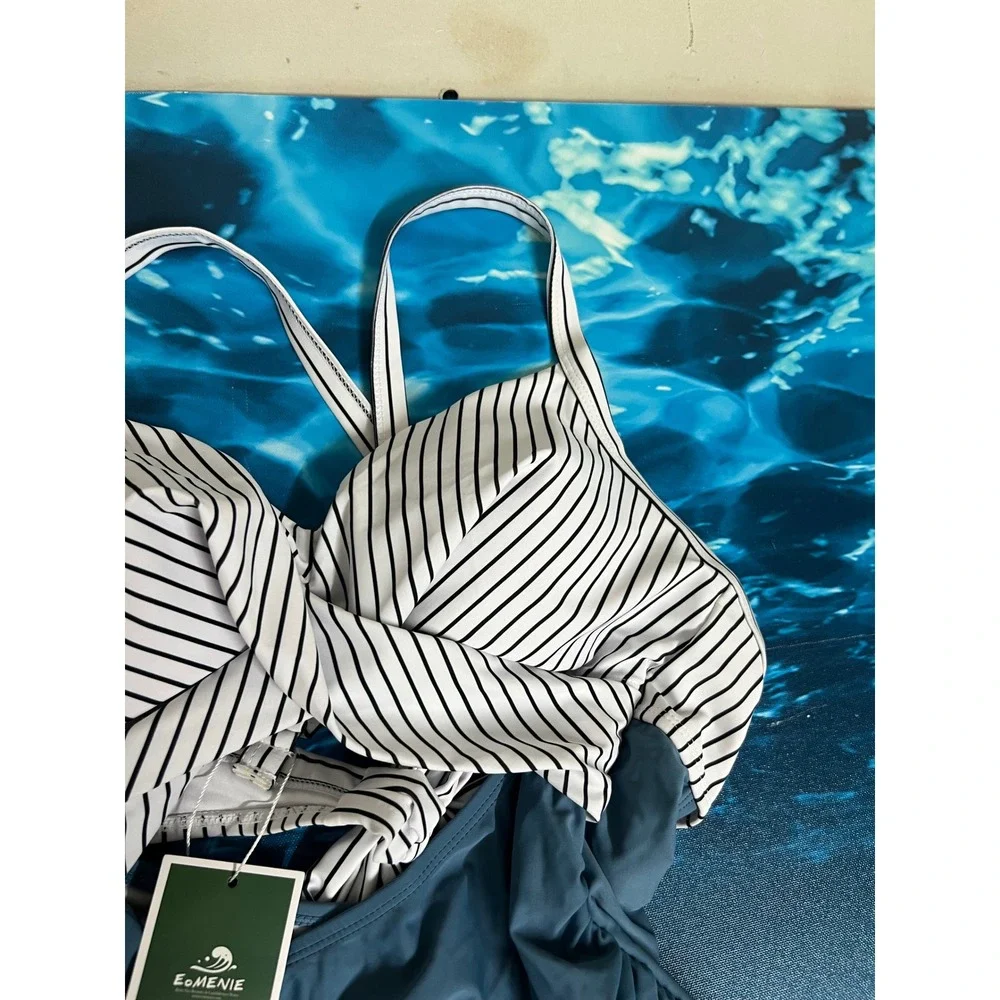 ☀️Eomenie Womens Striped Twist Front Tummy Control One Piece Swimsuit Blue White